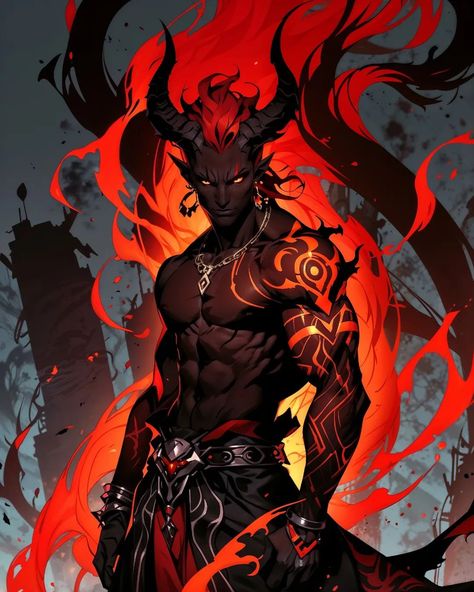 Meet Zarathor, the embodiment of dark power and cunning. With skin as black as the void and adorned with glowing red sigils of ancient power, Zarathor is a demon feared in every realm. His fiery red mane and sharp horns are symbols of his ferocity, while his eyes burn with the intensity of a thousand hellfires. The swirling patterns across his body are not mere decorations, but ancient runes that pulse with malevolent energy, ready to unleash destruction. Clad in a robe that mirrors the chaos... Fire Demon, Ancient Runes, Demon Days, Dark Power, Cool Picks, Mythical Beast, Dark Anime Guys, The Void, Dark Lord