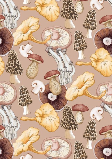 Wild mushrooms. Watercolour food pattern by Amanda Dilworth Mushroom Surface Pattern, Watercolour Food, Mushrooms Pattern, Watercolor Pattern Design, Mushroom Wallpaper, Food Pattern, Mushroom Pattern, Food Patterns, Food Wallpaper