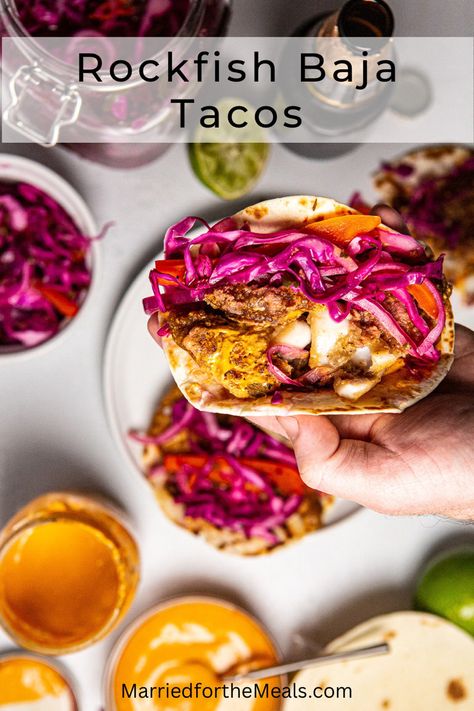 Recipe for Rockfish Baja Tacos, How to make Rockfish Baja Tacos, rockfish tacos, Baja tacos, fish tacos, Baja fish tacos, Rock Fish Tacos Recipe, Fried Rockfish Recipes, Rockfish Tacos Recipe, Baja Recipes, Pickled Cabbage Slaw, Rockfish Tacos, Rockfish Recipes, Purple Cabbage Slaw, Baja Tacos