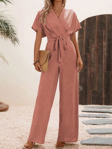 Dusty Pink Casual Collar Short Sleeve Fabric Plain Other Embellished Non-Stretch  Women Clothing Outfit Boda, Color Durazno, Salmon Pink Color, Colorful Jumpsuit, Long Jumpsuits, Jumpsuit With Sleeves, Women's Summer Fashion, Batwing Sleeve, Kids Beachwear