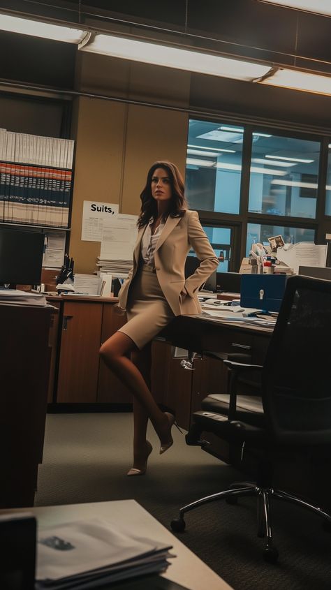 A woman in an office suit, a beige skirt and jacket, standing at the desk with her legs crossed, as seen in the TV series "Suits," with beautiful hair, high-heeled shoes, and a full-body, raw photography. - Vave BG Raw Photography, Skirt And Jacket, Office Suit, Beige Skirt, Dear Future, The Desk, Future Husband, High Heel Shoes, Full Body