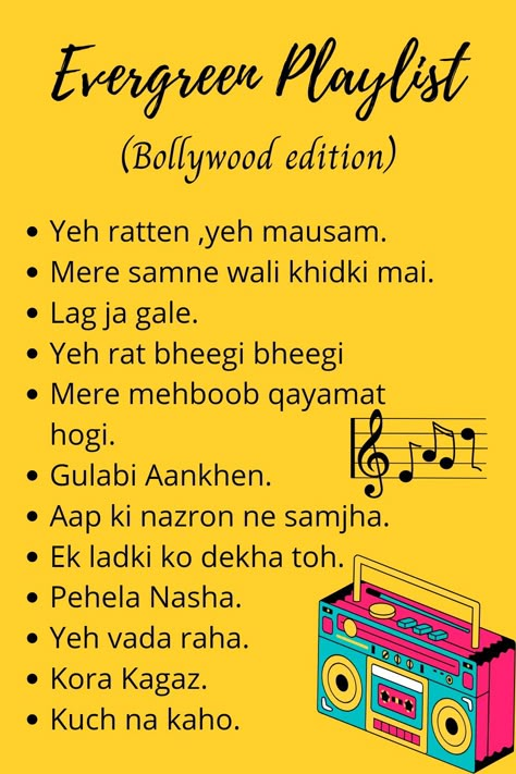 Bollywood edition. Bollywood Song Playlist Name, Old Bollywood Songs Playlist Names, Telugu Playlist Names, 90s Songs Playlist, Bollywood Playlist Names, Bollywood Playlist, Music Suggestions Instagram Story, Travel Songs, Old Bollywood Songs