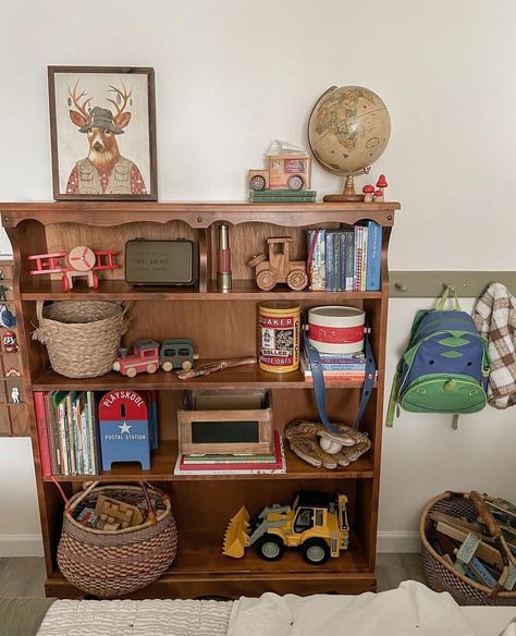 Little Boys Playroom, Kids Bookshelf Styling, Cottagecore Boy Nursery, Vintage Style Playroom, Thrifted Kids Room, Children’s Rooms, Antique Kids Room, Vintage Eclectic Nursery, Cottagecore Boys Room