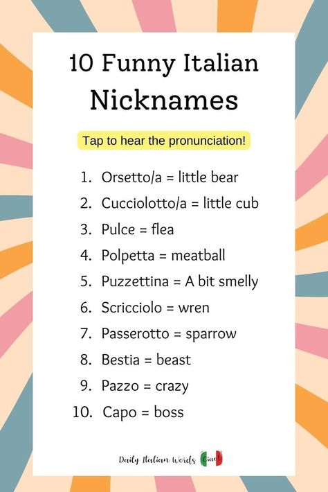 Funny Italian Nicknames for your Boyfriend or Girlfriend Italian Nicknames, Italian Names Boy, Last Names For Characters, Italian Names, Nicknames For Friends, Italian Pronunciation, Story Writing Prompts, Italian Humor, Best Character Names