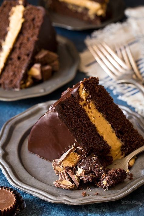 This two layer Buckeye Layer Cake, aka chocolate peanut butter fudge cake, is made with fudgy chocolate cake layers with a creamy peanut butter filling then covered in chocolate ganache. It�s the ultimate celebration cake when you reach those special mile Buckeye Cake, Peanut Butter Fudge Cake, Fudge Cake Recipe, Butter Desserts, Chocolate Peanut Butter Fudge, Butter Fudge, Peanut Butter Desserts, Tasty Chocolate Cake, Peanut Butter Filling