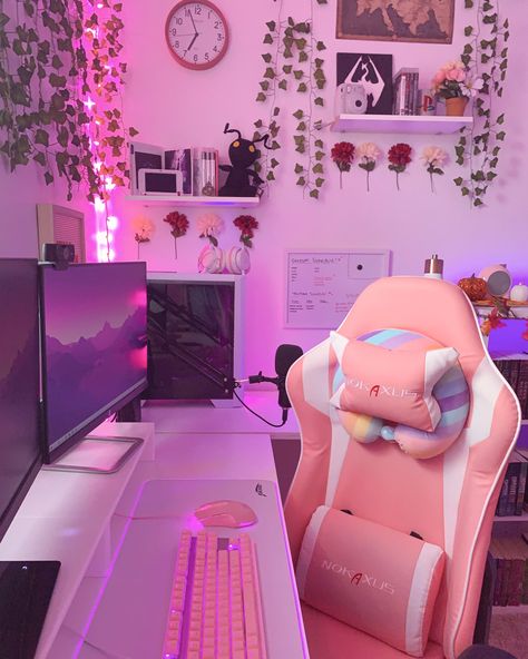 Aesthetic GamerGirl Streaming/Gaming PC Setup! Kawaii gaming setup pc pink aesthetic cute girly dual monitors egirl pink gaming chair gamer girl girl gamer white Cute Ideas, Gaming Setup, Keyboard, Gaming, Computer, Desk, Pink, Kawaii