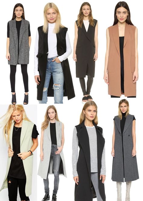 Long Vest Outfit, Fall Coats, Fall Fashion Coats, Sleeveless Coat, Sleeveless Blazer, Diy Vetement, Gilet Long, Long Vests, Vest Outfits