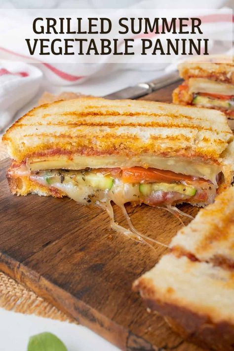 This Grilled Summer Vegetable Panini has all your favorite summer veggies and a delicious sun-dried tomato spread in a crispy, cheesy panini and you don’t even need a panini maker. #grilledvegetables #vegetablepanini #vegetariansandwich #grilledpanini Vegetable Panini, Zucchini And Peppers, Tomato Spread, Cheesy Sandwich, Panini Maker, Monte Cristo Sandwich, Eggplant Zucchini, Panini Recipes, Summer Veggies