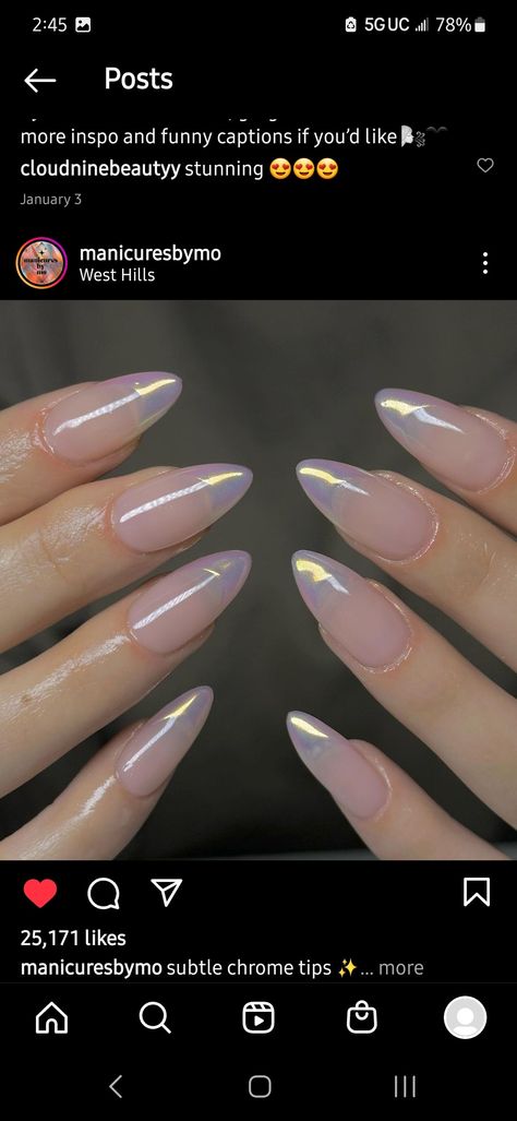 Cute Prom Nails Almond, Nail Inspo 2023 Almond Short, Translucent Almond Nails, Halo French Nails, Almond Acrylic Nails Designs Neutral, Iridescent French Tip Nails Almond, Pearlescent Almond Nails, French Iridescent Nails, Iredesant French Tips