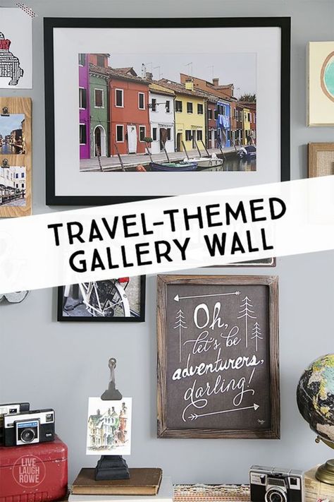 What a great way to display your travel experiences! A travel-themed gallery wall... with a DIY Instagram Photo Frame tutorial too!  www.livelaughrowe.com Themed Gallery Wall, Travel Room Decor, Travel Photo Wall, Travel Photos Display, Travel Themed Room, Frame Tutorial, Travel Gallery Wall, Travel Room, Map Room