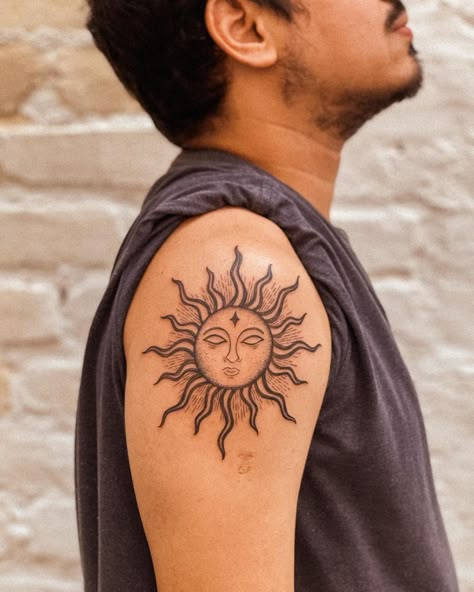 Sun With Flames Tattoo, Unique Sun Tattoo For Men, Sun Tattoo Men Arm, Indian Sun Tattoo, Roman Sun Tattoo, Sun Tattoo Men Shoulder, Bohemian Sun Tattoo, Sun Tattoos Men, Sun Tattoo Big