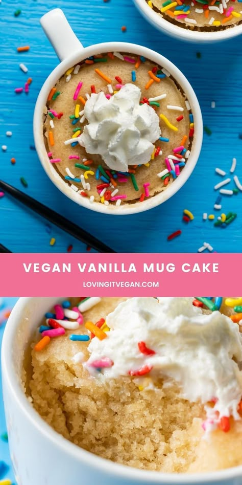 This vegan vanilla mug cake is fluffy, moist and rich and made in 90 seconds in the microwave! The easiest and most delicious one-serving cake recipe ever. | lovingitvegan.com Single Serving Cake Recipe, Vanilla Mug Cake, Mugcake Recipe, Gluten Free Mug Cake, Vegan Mug Cakes, Vegan Vanilla Cake, Single Serve Cake, Vanilla Mug Cakes, Vegan Birthday Cake