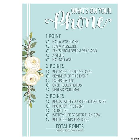 What’s on Your Phone Bridal Shower Game | Oriental Trading Bridal Shower Activity, Baby Shower Party Games, Bridal Shower Activities, Sleepover Things To Do, Wedding Party Supplies, Bridal Shower Game, Card Box Wedding, Wedding Bows, Party Game