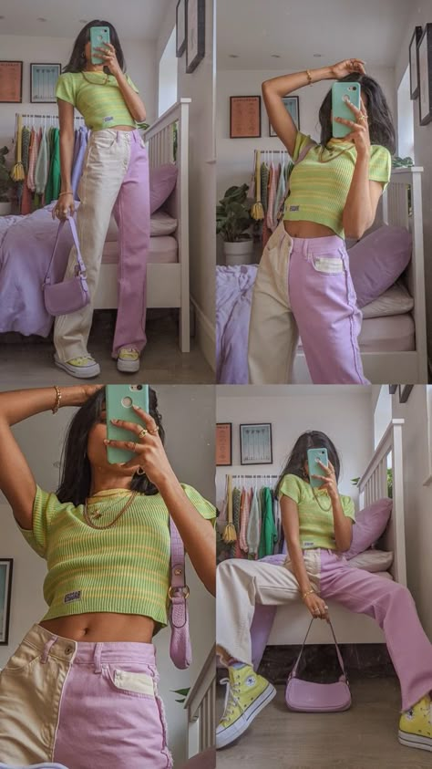 Pastel Outfit Casual, Cute Spring Outfits Colorful, K Pop Aesthetic Outfits, Danish Pastel Aesthetic Outfits, Lilac And Green Outfit, Cute Outfits Colorful, Pastel Color Outfit Aesthetic, Green Purple Aesthetic Outfit, Green And Purple Outfit Aesthetic