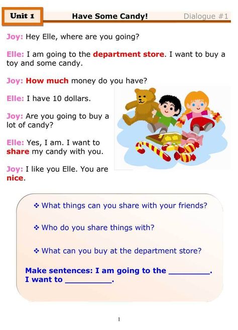 Fun ESL dialogue for kids about sharing, featuring a simple ESL grammar worksheet introducing “nouns”.   Download lesson as pdf Conversation Dialogue, Dialogue Writing Worksheets, Dialogue Conversation, Dialogue Conversation Example, Daily Conversation English For Kids, Esl Conversation Questions, English Conversation For Kids, Speaking Activities English, English Conversation Learning