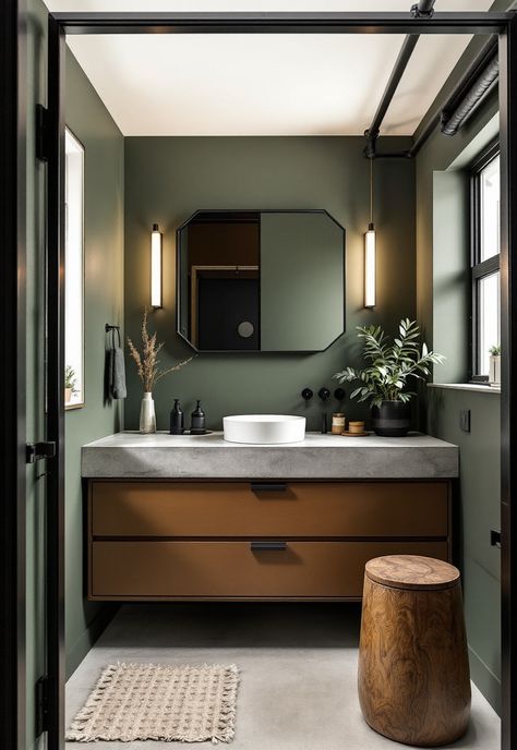 Green Bathroom Decor Walnut And Green Bathroom, Natural Earthy Bathroom, Olive Bathroom Ideas, Forest Green Bathroom Ideas, Green Bathroom Decor Ideas, Olive Green Bathroom, Green Small Bathrooms, Olive Green Bathrooms, Light Green Bathrooms