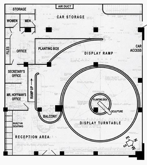 The floorplan of Frank Lloyd Wright's auto showroom that served as a case study for the spiral design which would be used so successfully in the Guggenheim. Frank Lloyd Wright Guggenheim, Car Showroom Architecture, Porsche Showroom, Automotive Showroom, Car Showroom Interior, Car Showroom Design, Studio Floor Plans, Interior Floor Plan, Frank Lloyd Wright Design