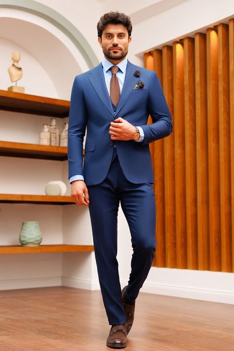 Discover the epitome of refined style with our blue slim-fit suit 3-piece, a versatile ensemble that effortlessly combines sophistication and modernity. The single-breasted jacket showcases impeccable notch lapels, and a fully lined interior promises a sleek and dapper appearance for the fashion-forward gentleman. #suit #suits #suitup #formalattire #menstyle #menfashion #gentleman #dapperlook #formalwear #fashioninspo #bluesuit Blue Suit And Tie Combinations, Mens Blue Suit Outfit, Blue Dress Pants Outfit Men, Men’s Blue Suit, Blue Suit Tie, Blue Suit Outfit, Navy Blue Suit Men, Navy Slim Fit Suit, Mens Navy Suit