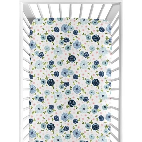 Floral Collection Girl Jersey Knit Fitted Crib Sheet - Navy Blue and Blush Pink Boho Shabby Chic Rose Watercolor Flower - Bed Bath & Beyond - 35567445 Navy Crib Bedding, Rose Watercolor, Crib Toddler Bed, Green Nursery, Sweet Jojo Designs, Nursery Bedding Sets, Blue Nursery, Jojo Designs, Pink Nursery