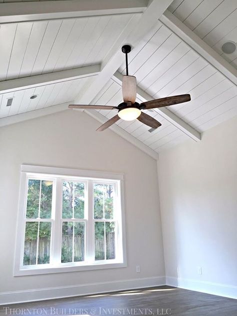 Master Bedroom Ceiling Fan Vaulted Ceiling, Bedroom Addition Ideas, Vaulted Ceiling Beams, Vaulted Ceiling Bedroom, Industrial Decorating, Vaulted Ceiling Ideas, Fan Bedroom, Wood Plank Ceiling, Farmhouse Ceiling