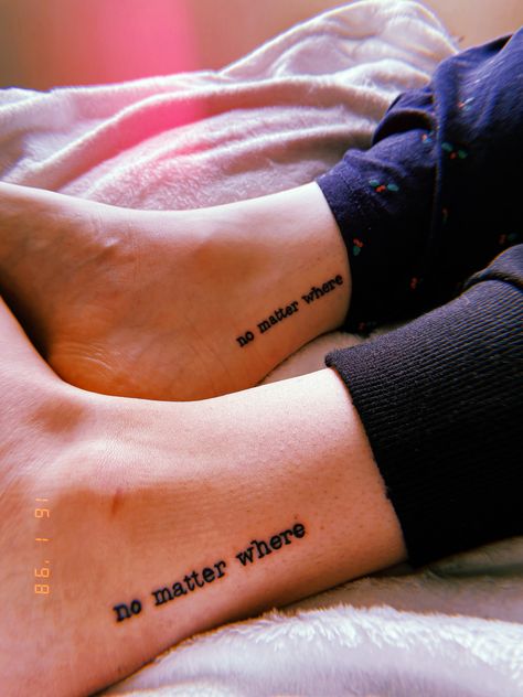 Best Friend Sayings Tattoos, Bestie Quote Tattoos, Long Distance Relationship Tattoo Couple, Sister Tattoos Distance, Distance Tattoos Relationships, 2 Best Friends Tattoo, Matching Tattoos For Long Distance Couples, Long Distance Couple Tattoo Ideas, Bestie Tattoos Long Distance