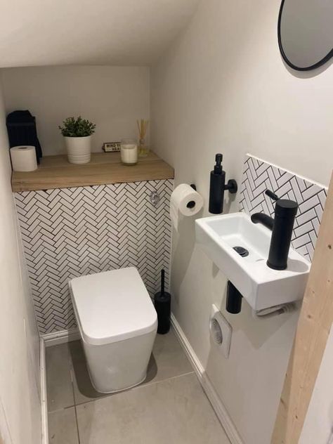 Under Stairs Bathroom, Understairs Toilet, Stairs Bathroom, Small Downstairs Toilet, Bathroom Under Stairs, Downstairs Cloakroom, Toilet Room Decor, Small Bathroom Layout, Small Toilet Room