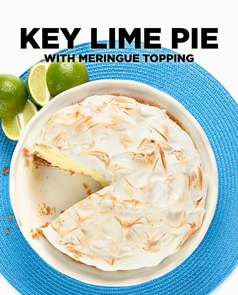 Creamy and fantastically easy Key Lime Pie with fluffy Meringue Topping. #BiteMeMore #Pie #Recipes Key Lime Pie Recipe With Meringue, Heath Bar Cheesecake Recipe, Best Key Lime Pie Recipe, Lime Meringue Pie, Key Lime Pie Easy, Meringue Topping, Key Lime Pie Recipe, Lime Pie Recipe, Keylime Pie Recipe