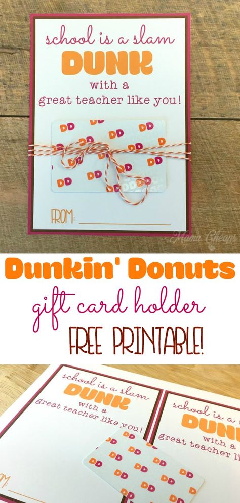 Super easy teacher gift with this FREE Dunkin Donuts gift card holder!!  https://www.mamacheaps.com/2018/04/dunkin-donuts-themed-teacher-gift-free-printable-tag.html Teach Gifts, Dunkin Donuts Gift Card, Teacher Appreciation Gifts Printables, Teacher Appreciation Gift Card, Easy Teacher Gifts, Daycare Teacher Gifts, Donut Gifts, Appreciation Gifts Diy, Teacher Holiday Gifts