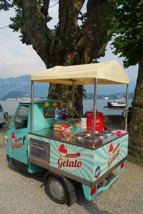 Gelato truck, Lake Como, Italy Gelato Truck, Tacos To Go, Cocktail Station, Piaggio Ape, Gelato Ice Cream, Coffee Cart, Ice Cream Cart, Tiny Shop, 3d Ideas