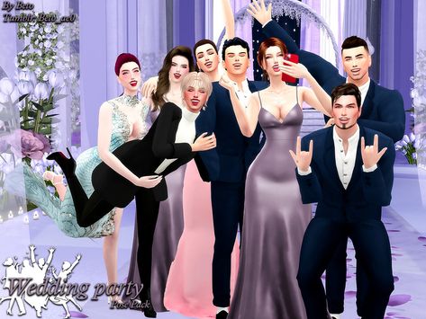 Created by Beto_ae0! Wedding Group Poses, Sims 4 Couple Poses, Wedding Party Poses, Bridesmaid Poses, Bridal Party Poses, Sims 4 Traits, Wedding Tux, Engagement Dinner, Prom Poses