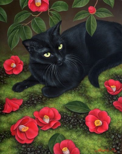 Shiori Matsumoto, Black Cat Painting, Cats Art Drawing, Cat Art Illustration, Black Cat Art, Cat Flowers, A Black Cat, Cat Artwork, Acrylic Artwork