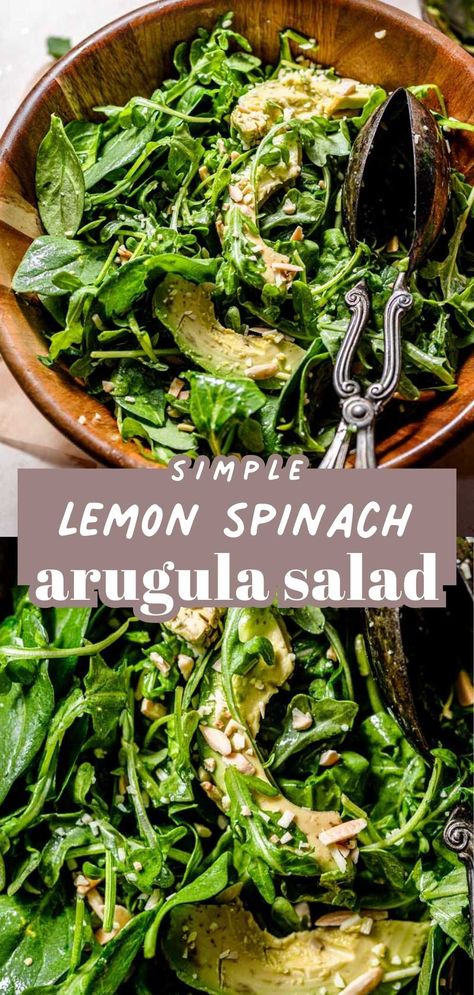 Spinach And Arugula Salad, Seasonal Vegan Recipes, Lemon Spinach, Pasta Soups, Vegan Chicken Salad, Simple Spinach Salad, Salad With Lemon Vinaigrette, Arugula Recipes, Arugula Salad Recipes