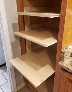 Diy Cabinet Shelves Kitchen, Cupboard Pull Out Shelves, Pull Out Storage Shelves, Diy Roll Out Shelves, Cabinet Pull Out Shelves Diy, Diy Shelves In Cabinet, Diy Pantry Slide Out Shelves, How To Build Pull Out Pantry Shelves, Roll Out Kitchen Shelves