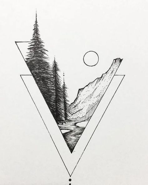 Pine Tree And Mountain Tattoo, Arte Doodle, Kunst Tattoos, Men Tattoos, Landscape Tattoo, Drawing Eyes, Geometric Tattoos, Inspiration Tattoos, Cat Tattoos