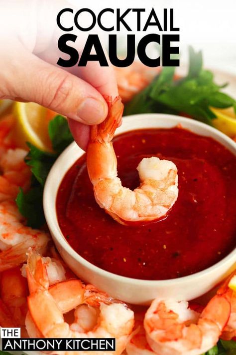 A hand dipping one shrimp into a bowl of cocktail sauce. Cocktail Sauce Recipe Easy, Homemade Shrimp Cocktail, Shrimp Sauce Recipe, Shrimp Cocktail Sauce Recipe, Shrimp Cocktail Sauce, Homemade Cocktail Sauce, Cocktail Sauce Recipe, Gourmet Appetizers, Healthy Cocktails