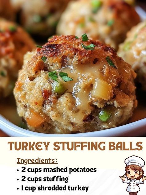 Stuffing Balls Recipe, Stuffing Balls, Egg Bread, Shredded Turkey, Fried Turkey, Turkey Stuffing, Holiday Appetizer, Turkey Gravy, Holiday Appetizers