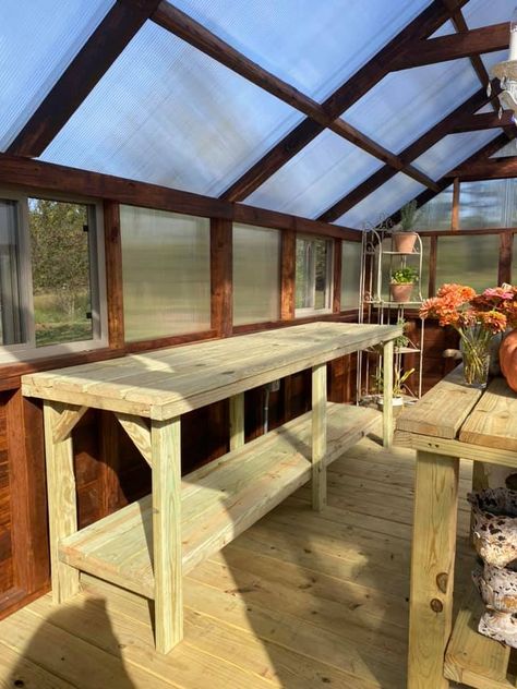 Yoderbilt Greenhouse Greenhouse Shelving Ideas Interiors, Greenhouse Workbench, Greenhouse Workbench Diy, Green House Shelving Ideas, Yoderbilt Greenhouse, Greenhouse Shelves, Rustic Greenhouses, Heating A Greenhouse, Outdoor Greenhouse