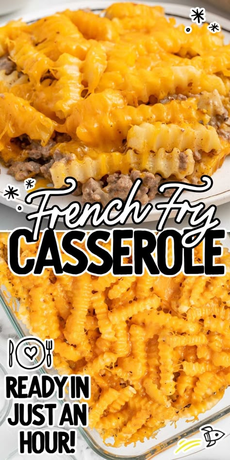 French Fry Casserole French Fry Hamburger Casserole, Cheeseburger Casserole French Fries, Hamburger French Fry Casserole, French Fry Casserole Recipes, Fry Casserole, French Fry Casserole, Baked Meals, Creamy Sauces, Fries Recipes