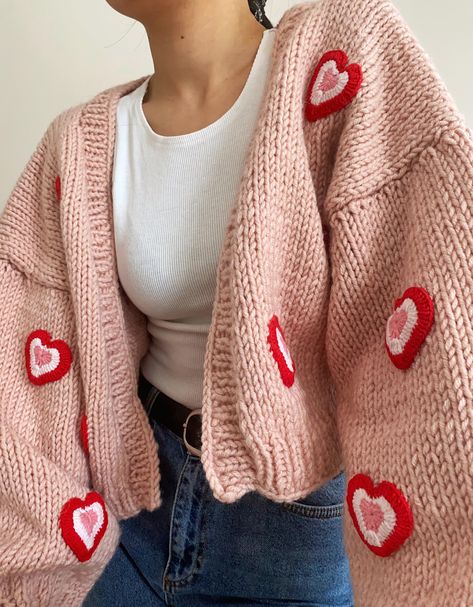 Buy Hand Knit Chunky Heart Cardigan,soft Pink Women Sweater,handmade Crop Knit Kawaii Outfit,y2k Top With Red Hearts,handmade Warm Jacket Online in India - Etsy Kawaii Outfit, Sweater Handmade, Heart Cardigan, Y2k Top, Daisy Pattern, Women Sweater, Red Hearts, Warm Jacket, Kawaii Clothes