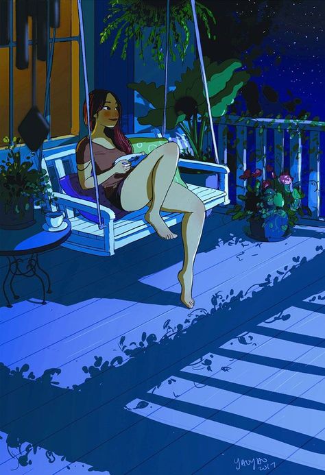 Yaoyao Ma Van, At Night, Porch, A Woman, Illustrations, Van