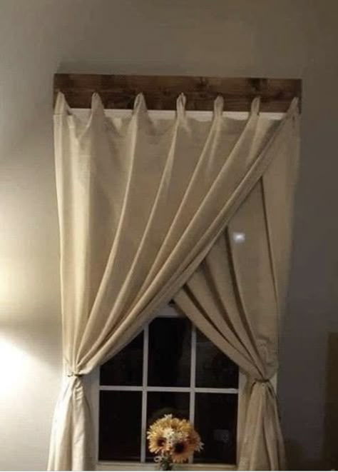 Curtains With Small Windows, Curtains Over Mirror, Rustic Bathroom Curtain Ideas, Curtain Farmhouse Ideas, Tab Top Curtains On Hooks, Diy Valence Curtain, Diy Shower Dispenser, Country Curtains Farmhouse Style Bedroom, Country Windows Ideas