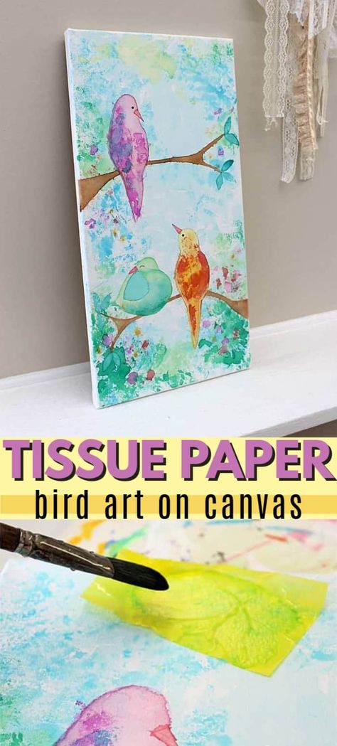 I used what is called "bleeding tissue paper" to create a piece of wall art with birds sitting on some branches. The color in the tissue paper bleeds when you get it wet, which as it turns out, looks like watercolor paint! #wallart #canvaswallart #homedecor #tissuepaper #tissuepaperart #diyhomedecor #craftsbyamanda Tissue Paper Painting, Tissue Paper Art, Genius Hour, Tissue Paper Crafts, Birds Sitting, Wall Art Crafts, Crafts For Seniors, Paper Birds, Cool Art Projects