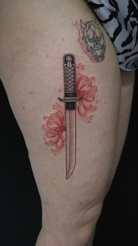 Tanto Knife Tattoo, Japanese Dagger Tattoo, Tanto Tattoo, Japanese Knife Tattoo, Japanese Patchwork Tattoo, Spider Lilly Tatoos, Japanese Spider Lily Tattoo, Red Spider Lily Tattoo, Spider Lily Tattoo