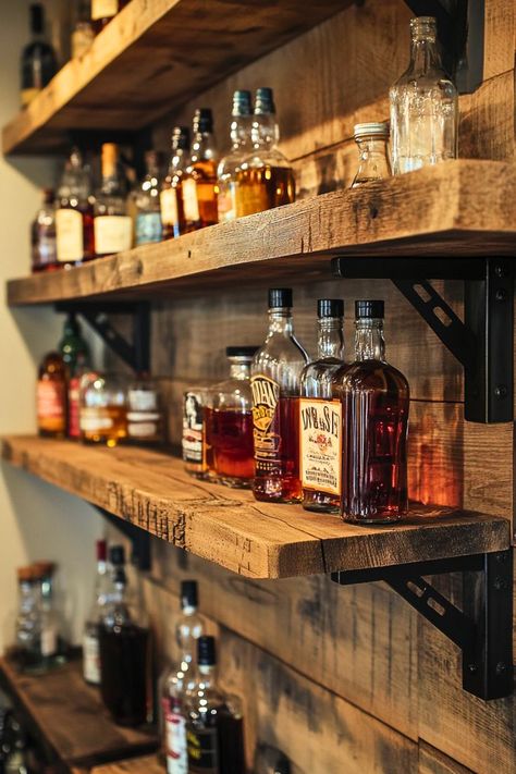 Bar Shelves Ideas, Home Bar Shelf, Glass Bar Shelves, Floating Bar Shelves, Bar Shelf Ideas, Small Bars For Home, Whiskey Lounge, Bourbon Room, Dads Room