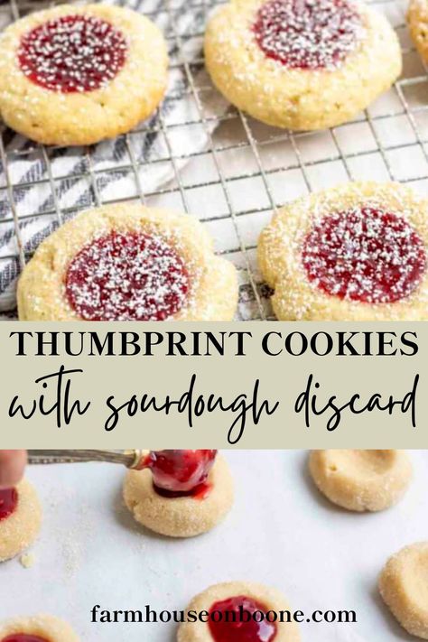 These delicious traditional cookies are a must have simple recipe for any get together! They are filled with a raspberry jam on a sugar cookie base. However, these cookies include sourdough discard to give them a unique taste! Get the recipe on Farmhouse on Boone's Blog! Sourdough Cookies Farmhouse On Boone, Sourdough Discard Thumbprint Cookies, Sourdough Crinkle Cookies, Berry Sourdough Bread, Sourdough Thumbprint Cookies, Sourdough Christmas Desserts, Jam Filled Cookies Recipe, Sourdough Starter Cookie Recipes, Sourdough Cupcake Recipes