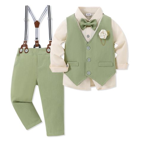 PRICES MAY VARY. 5-Pieces Formal Suit Set: This toddler suit including 1PC long sleeve dress shirt+ 1PC vest + 1PC suspender pants + 1PC detachable bow tie + 1PC elegant boutonniere. Material: Made of great cotton blend fabric, soft and breathable, and skin-friendly for your little boy. Design: Toddler boy dress clothes, classic color matching detachable bowtie and suspender pants. You'll never worry about how to match your cute boy! Occasion: The toddler boy gentleman outfits are designed for w Toddler Wedding Outfit Boy, Elegant Boutonniere, Toddler Boy Dress Clothes, Toddler Suit, Formal Dress Shirt, Boys Formal, Toddler Suits, Boy Design