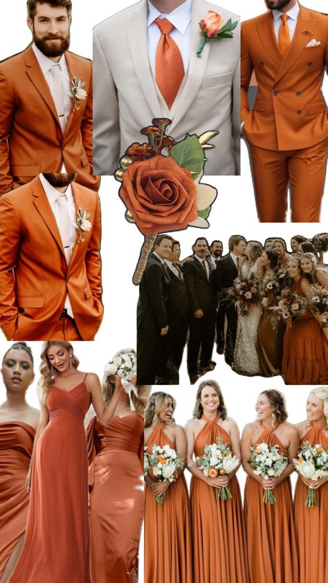 Orange Groomsmen Suits, Burnt Orange And Cream Outfits, Cream And Orange Wedding, Orange And Brown Wedding, Beige Wedding Theme, Orange Wedding Color Palette, Boho Chic Wedding Decor, Orange Wedding Colors, Burnt Orange Weddings