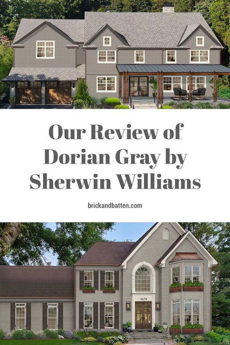 Sherwin Williams' Dorian Gray is a beautiful warm gray paint color with plenty of depth for exteriors. We tend to recommend this paint color for clients looking for a cozy traditional or transitional design; however, we have used Dorian Gray in more modern designs, too. In this review, learn why it's one of our top exterior house colors for 2022. Let us be your exterior paint color consultants! #exteriorpaint #paintcolors #housecolors Chatura Gray Sherwin Williams Exterior, Aloof Gray Sherwin Williams Exterior, Mega Griege Sherwin Williams Exterior House, She Twin Williams Exterior Paint, Alabaster And Dorian Gray Exterior, Gray Area Sherwin Williams Exterior, Functional Gray Sherwin Williams Exterior, Dorian Gray House Exterior, Sherwin Williams Intellectual Gray Exterior