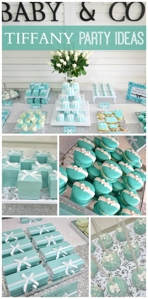 So many lovely touches at this beautiful Tiffany themed baby shower!  See more party ideas at CatchMyParty.com! Tiffany Baby Shower Theme, Diy Party Themes, Breakfast At Tiffanys Party Ideas, Tiffany Birthday Party, Tiffany Birthday, Tiffany Baby Showers, Tiffany Theme, Tiffany Bridal Shower, Tiffany's Bridal