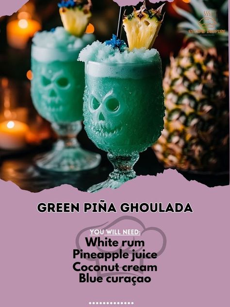 White rum 2 oz\nPineapple juice 1 cup\nCoconut cream 1/2 cup\nBlue cura\xc3\xa7ao 1/2 oz\nFew drops green food coloring\nCrushed ice 1 cup\nIn a blender, combine rum, pineapple juice, coconut cream, blue cura\xc3\xa7ao, and green food coloring.\nAdd crushed ice and blend until smooth.\nPour into a glass and garnish with a spooky touch!\n#SpookySips #HalloweenVibes #GhouladaFun Halloween Pina Colada, Fun Halloween Drinks, Juice Coconut, Bartender Drinks, Mixed Drinks Alcohol, Yummy Alcoholic Drinks, Green Food, Halloween Cocktails, Green Food Coloring